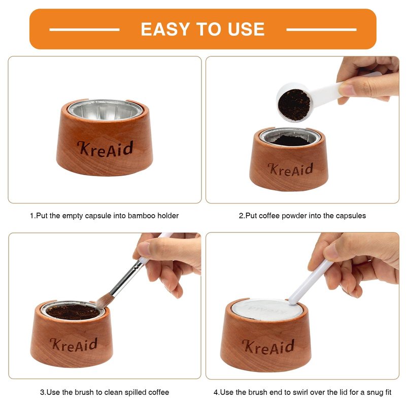 KreAid Reusable Vertuo Capsule Kit for Reusable Nespresso Pods with 100 Pcs Aluminum Foil Seal Lids Holder, Spoon and Brush Refillable Vertuoline Capsules