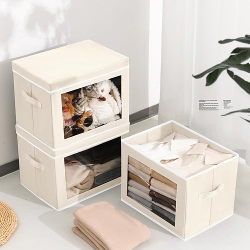 Homsorout Foldable Storage Boxes - Large Organiser Cubes with Lids & Clear Window | Beige 6-Pack