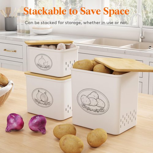 Lifewit Potato and Onion Storage Bin, Stackable Garlic Keeper with Aerating Holes and Lid, Plastic Vegetable Container Box for Pantry Countertop, White, 24 x 18 x 24 cm/9.5 x 7 x 9.5 inch, Set of 3