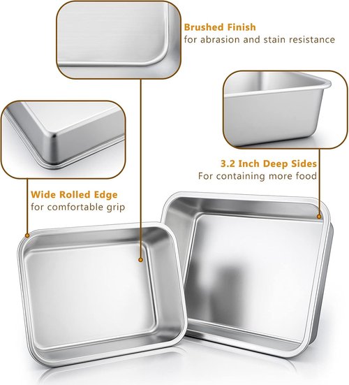E-far Stainless Steel Deep Lasagna Pan Set - Non-Toxic, Heavy Duty Roasting Dishes | 12.75 x 10 & 10.6 x 8.3 Inches