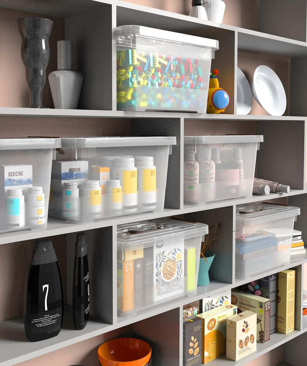 WYT 7 Quart Clear Storage Latch Box - Stackable Plastic Bins with Brown Handle & Lid | 6-Pack