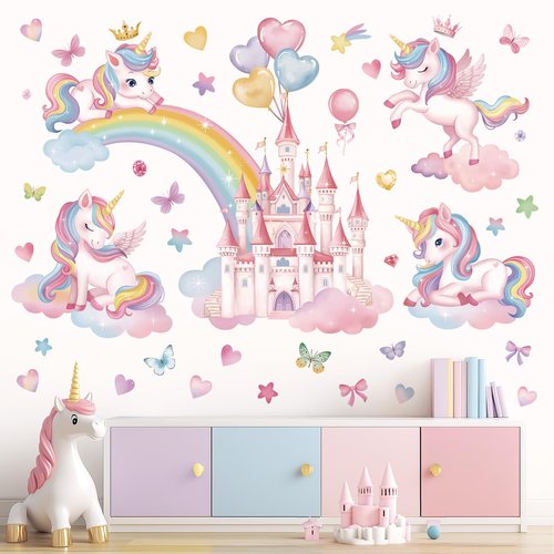 wondever Rainbow Castle Wall Stickers Unicorn Butterfly Balloon Peel and Stick Wall Art Decals for Baby Nursery Girls Bedroom Toddler Room