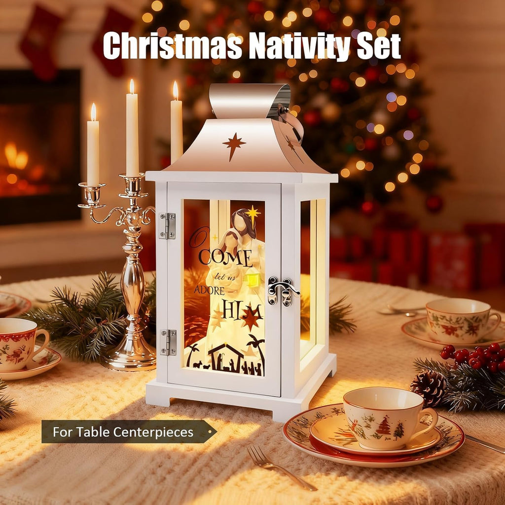 Regine Switzerland Christmas Nativity Set - 15.1" Tall Lantern for Table Centerpieces | Indoor Xmas Decor