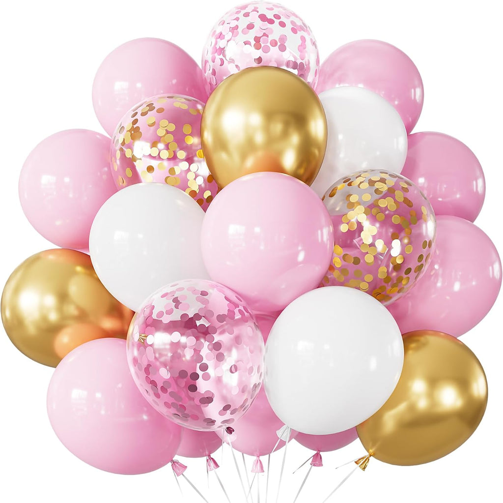 Skiennix Pink and Gold Balloons Set - 12 Inch Light Pink & White with Shiny Metallic Gold Glitter Confetti for Birthday & Baby Shower Decorations
