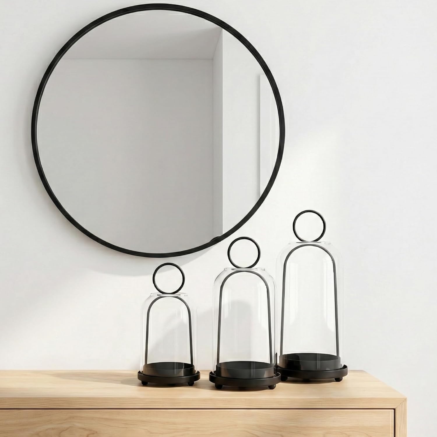 Skiennix Metal Candle Holders Set - 3 Pack with Glass Domes | Versatile Black Candlestick Holders (5.5", 4.7", 3.9")