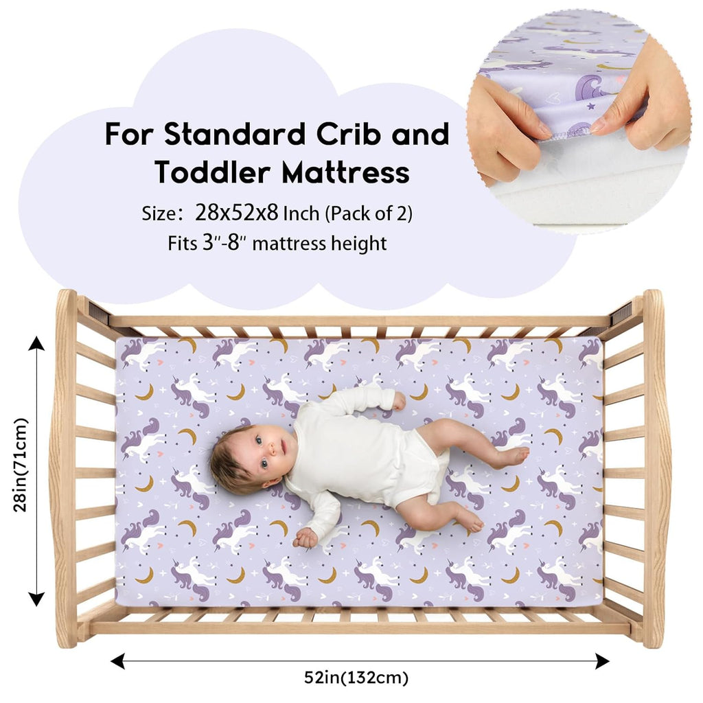 Yoofoss Fitted Baby Crib Sheets - Super Soft Microfiber 2-Pack for Standard Crib & Toddler Mattress | Purple & Unicorn Design 28x52x8in