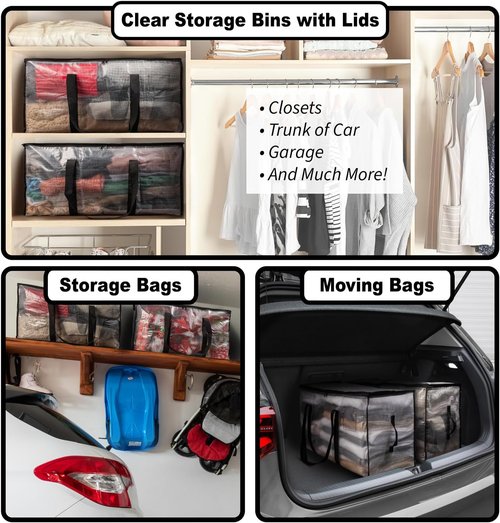 ClearSpace Heavy Duty Moving Bags - Large Storage Bins with Lids & Backpack Straps | 8 Pack for Easy Packing