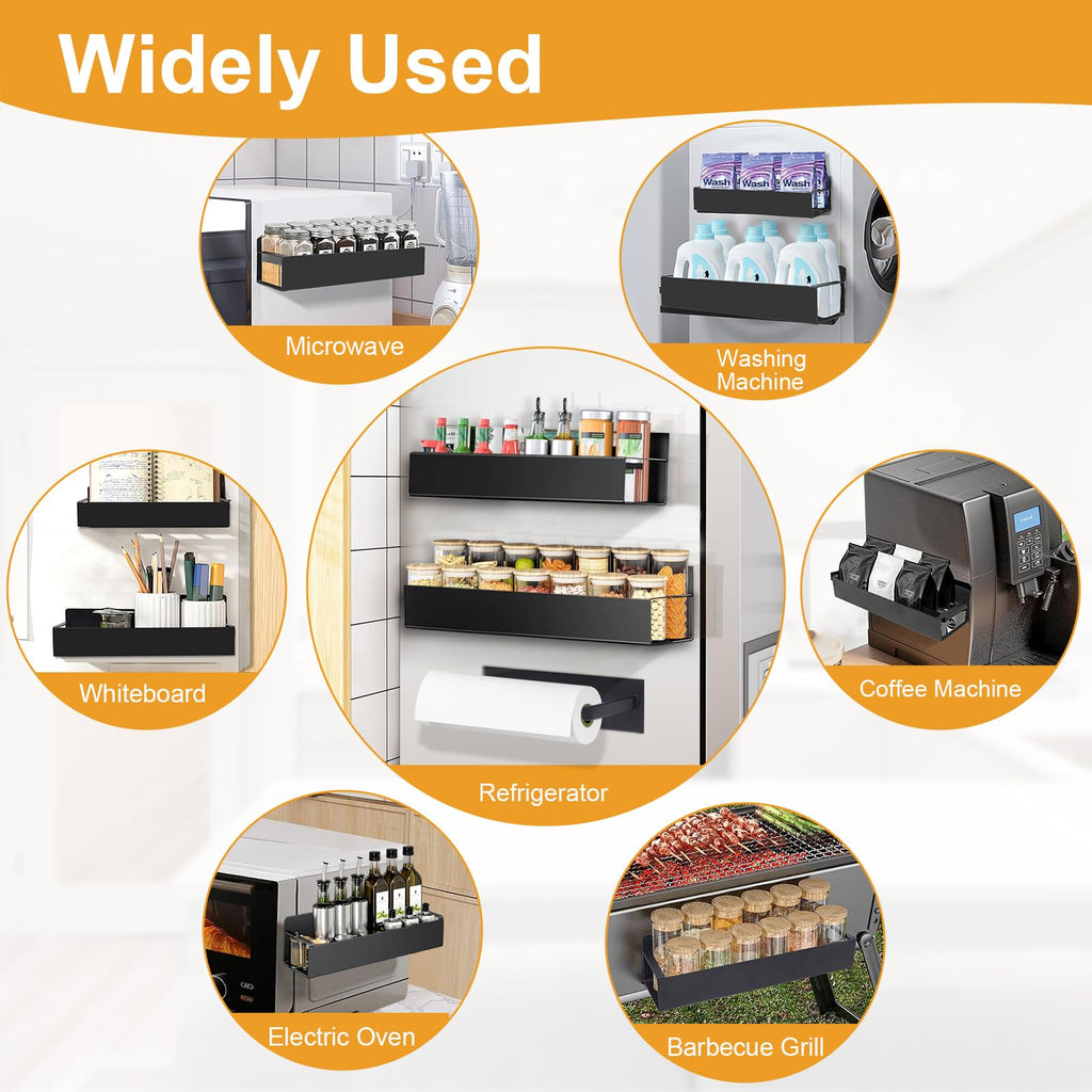 SUNHEARTH 4 Pack Magnetic Spice Rack for Refrigerator,Metal Magnetic Shelf Black with Paper Towel Holder,Whiteboard,3 Markers,4 Hooks,Space Saving for Home,Kitchen