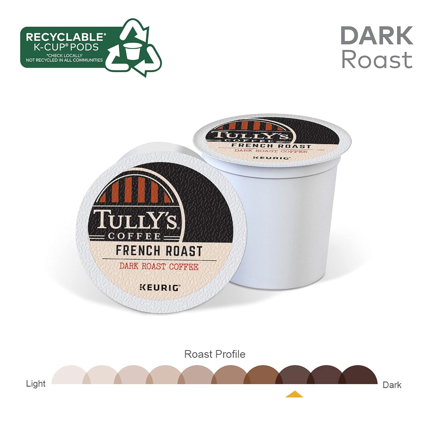 Tully's Coffee French Roast K-Cup Pods - Dark Roast Coffee, 60 Count (6 Packs of 10)