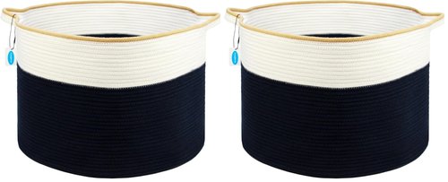 Casaphoria Blanket and Laundry Basket, Woven Storage Hamper, 21.7 * 21.7 * 13.8in Cotton Rope Clothes Organizer (White & Navy Blue)