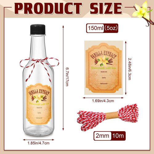Tioncy 12 Pcs 5 Oz Vanilla Extract Bottles for Homemade Vanilla Jar Woozy Glass Bottle with Cap, Shrink Capsules, Sticker Syrup Gift Food Storage Canister for Hot Sauce Spice Dressing Homemade(Black)