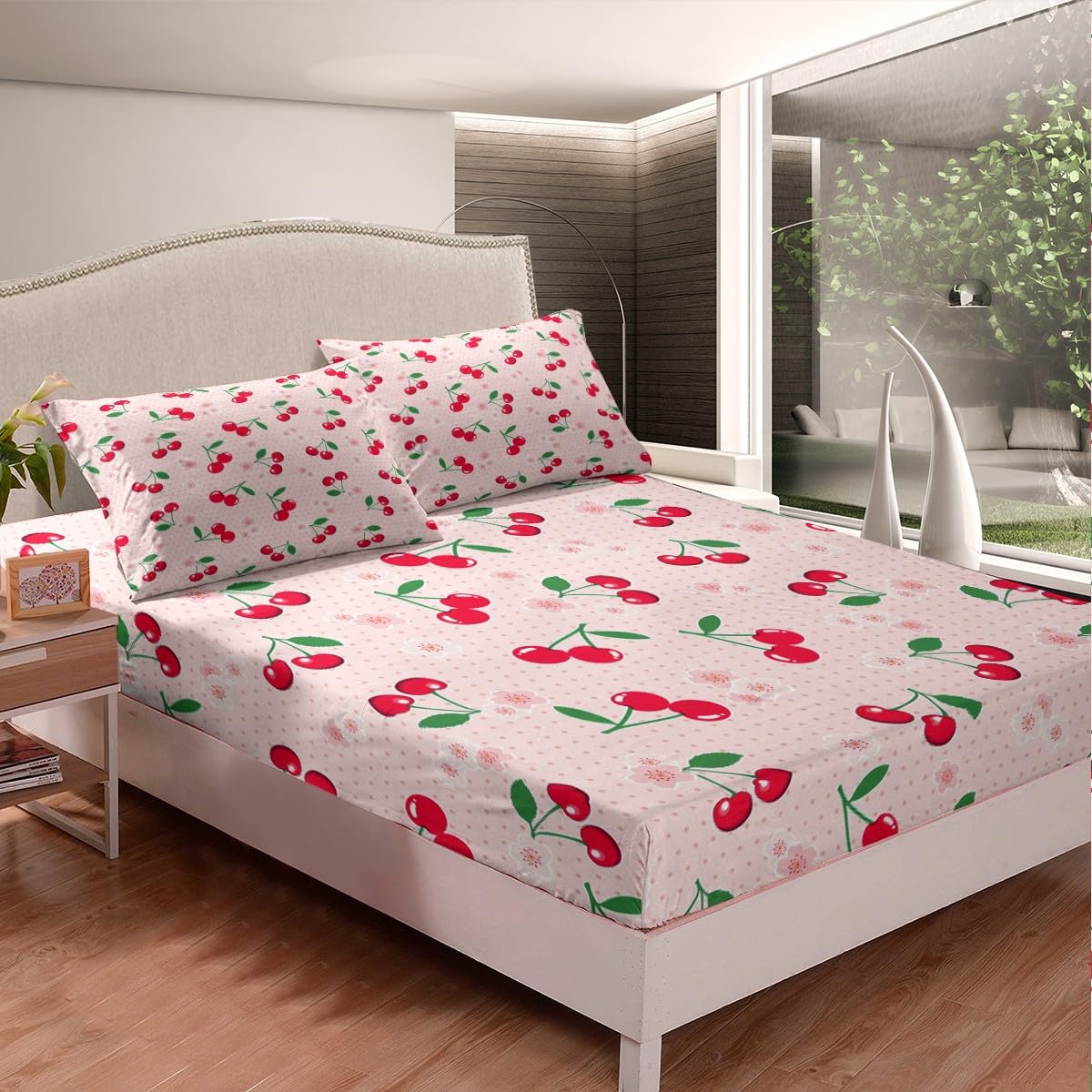 Feelyou Red Cherry Bed Set Cartoon Fruit Bed Sheets for Girls Women Children Sheet Set Girly Cute Fruit Bedding Sheets Pink 1 Bed Sheets with 2 Pillowcases King Size