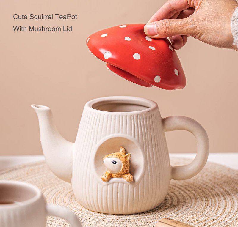 RESVUGA Cute Mushroom Teapot, Handmade Glaze Polka Dot Lid, Safety Matt Ceramic Tea Pot, With squirrel decoration. 23 oz / 680 ml. Best Gifts for Women & Girls.