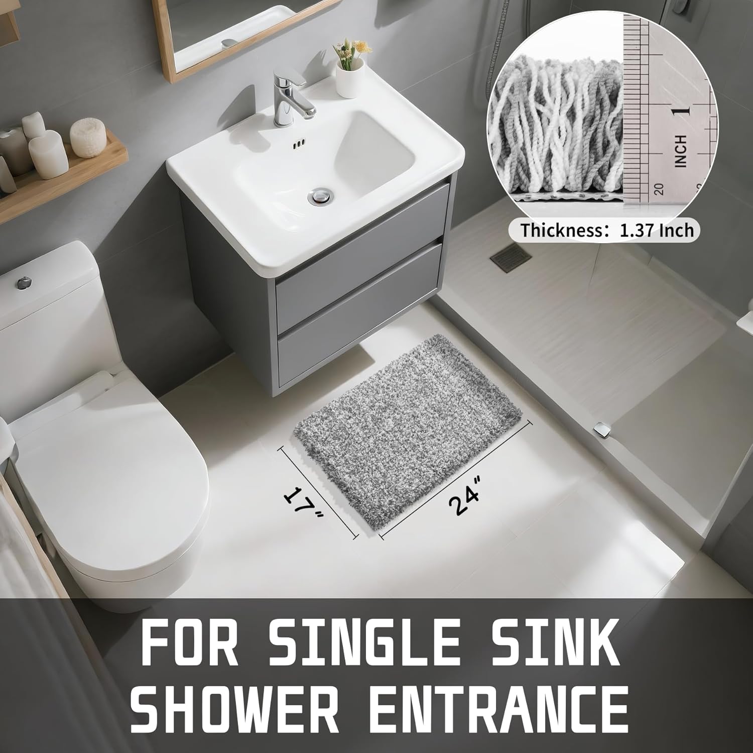 Yimobra Non-Slip Bathroom Rugs - Ultra Soft, Water Absorbent Plush Mats | 24x17 Light Gray & White