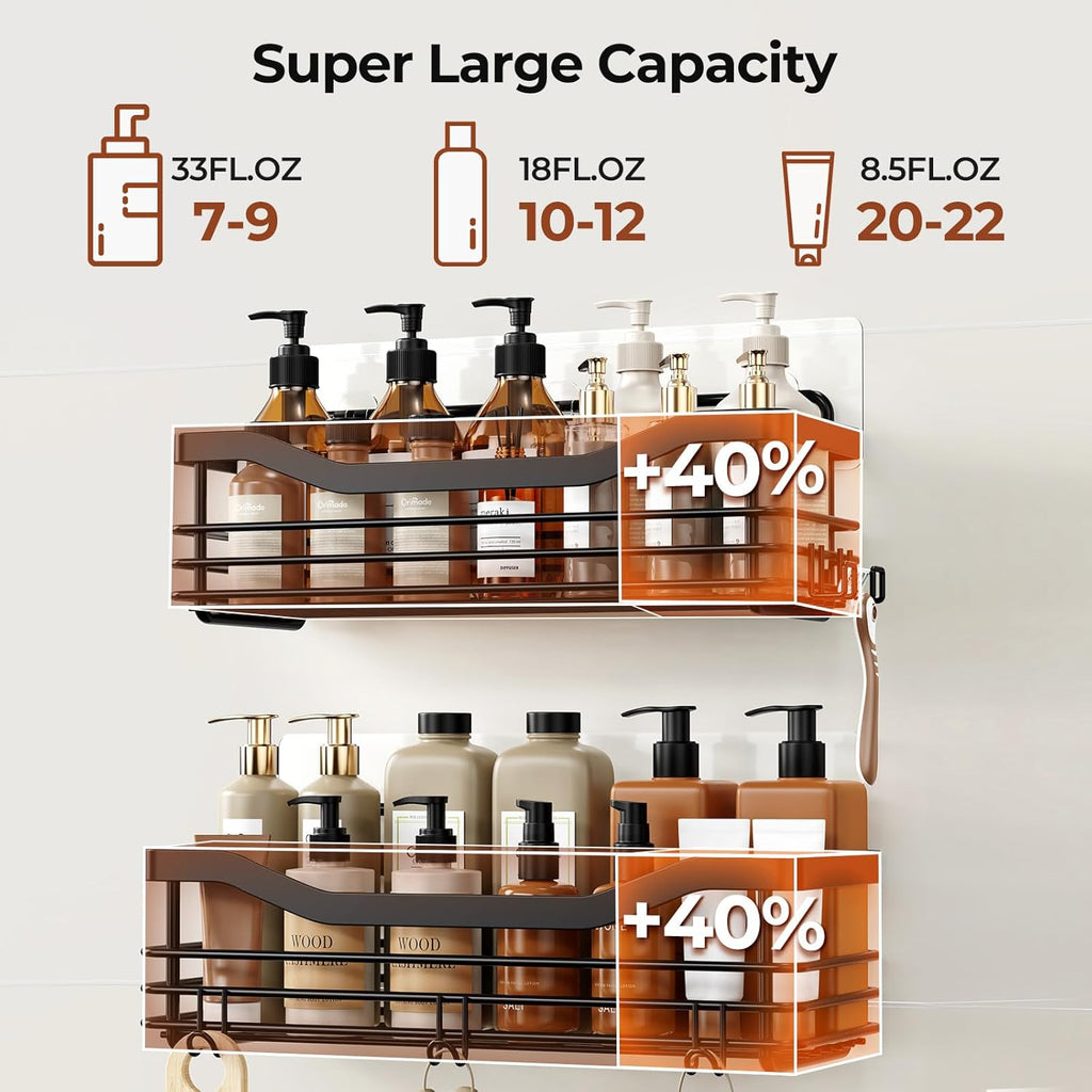 Orimade Adhesive Shower Caddy Shelf - Rust Resistant Wall Mounted Organizer with 5 Hooks | 2 Pack, Black