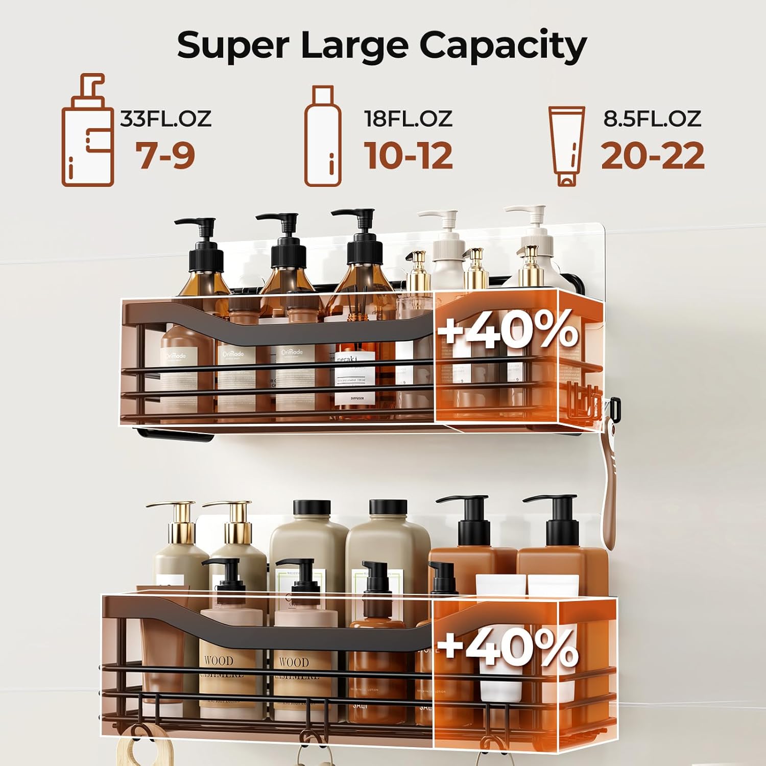 Orimade Adhesive Shower Caddy Shelf - Rust Resistant Wall Mounted Organizer with 5 Hooks | 2 Pack, Black