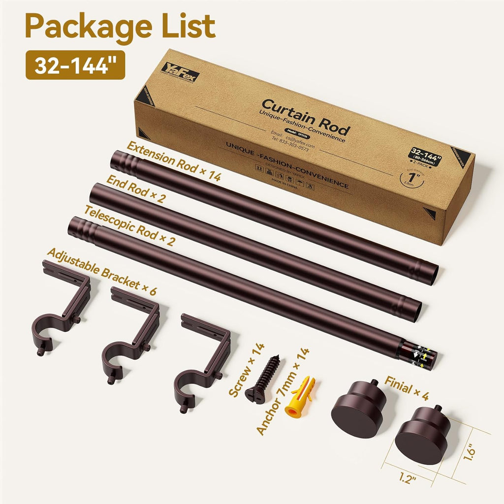 YaFex Curtain Rods - Heavy Duty Adjustable 32-144 Inch | Modern Bronze Design, Easy Installation