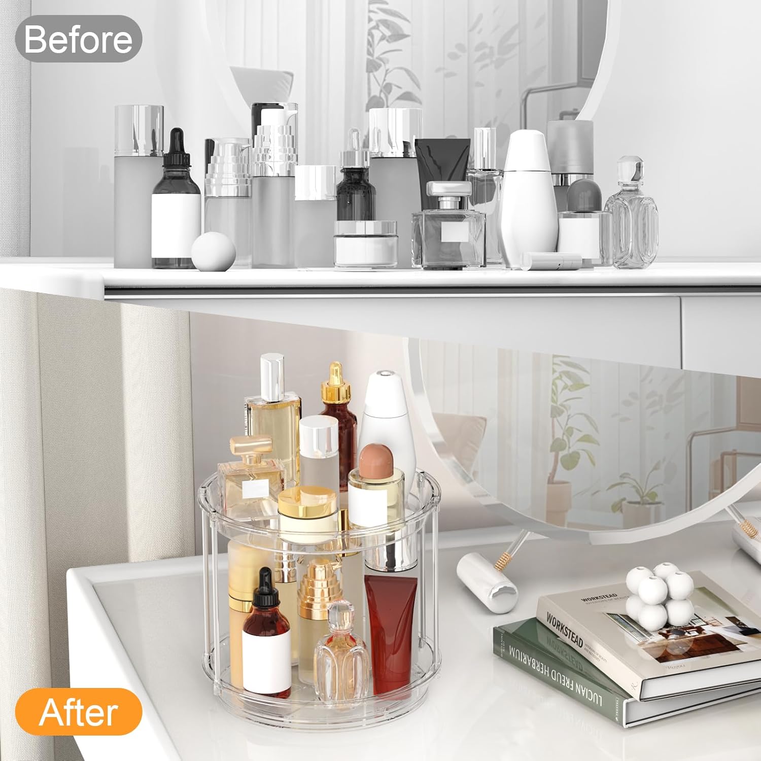 Skiennix 360 Rotating Makeup Organizer - 2 Tier Clear Lazy Susan Turntable for Vanity & Bathroom