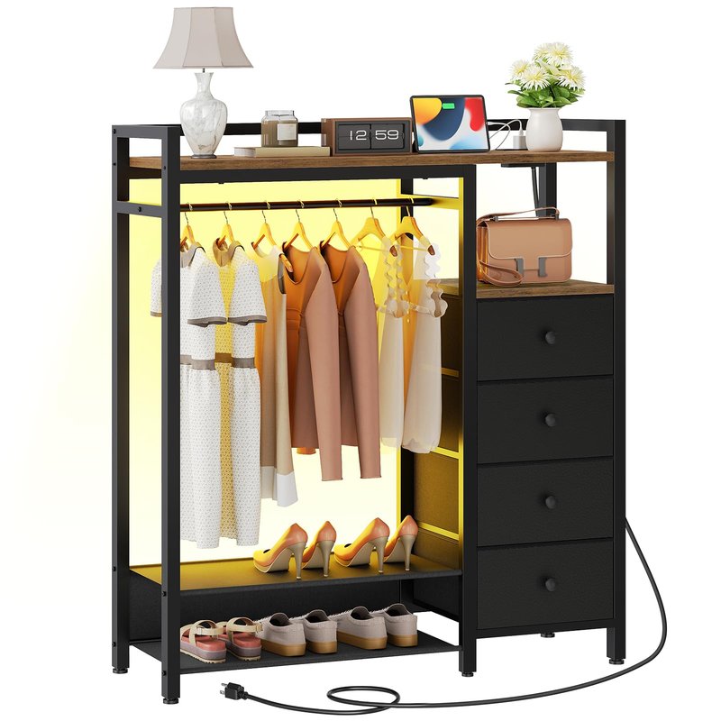 YATINEY Bedroom Dresser with Clothes Rack, 4 Drawer Dresser with Charging Station and LED Light, Chest of Drawers for Bedroom, Closet Organizer with Hanging Rack and 2-Tier Shoe Rack, Rustic Brown