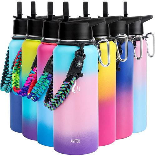 AMITER Insulated Bottle with Straw & Spout Lid, Wide Mouth Stainless Steel Water Bottles with Paracord Handle - 22oz