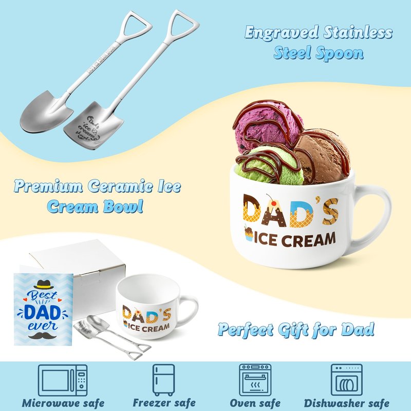 R HORSE Father Ice Cream Bowl Gift Set, Dad’s Ice Cream Bowl Engraved Shovel Spoon Set with Best Dad Ever Card, Desserts Cereal Fruit Tableware Kit Father’s Day Birthday Gift Box for Daddy Grandpa Men