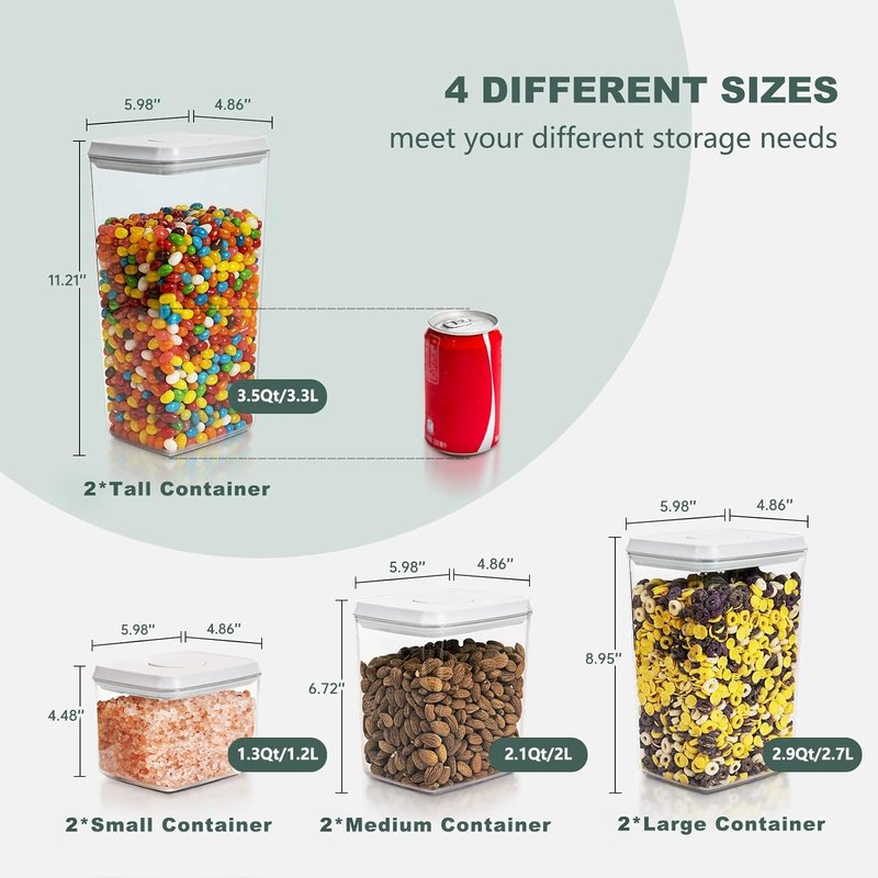 Tourdeus Pop Top Food Storage Containers - 8 Pack BPA-Free Pantry Organizers with Airtight Lids, Food-Grade with Measurement Marks