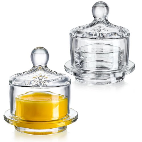 2 Pack Clear Glass Butter Dish with Lid for Countertop, 3.4" Small Round Glass Butter Dish with Cover for Refrigerator, Cute Crystal Butter Holder Tray
