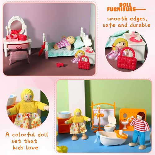 HyDren Wooden Dollhouse Furniture Set - 83 Pcs with 8 Flexible Dolls for 5 Rooms | Perfect Gift for Toddlers