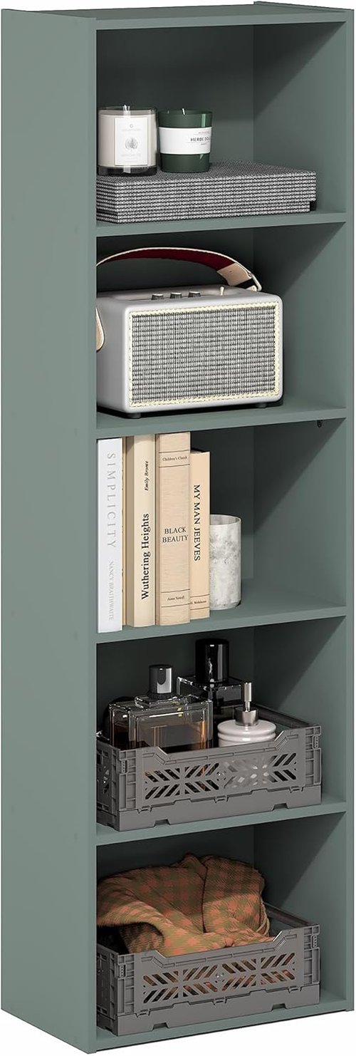 Furinno LUDER 5-Tier Bookshelf - Stylish Open Shelves | Easy Assembly, Sage Green, 9.4 x 15.8 x 52