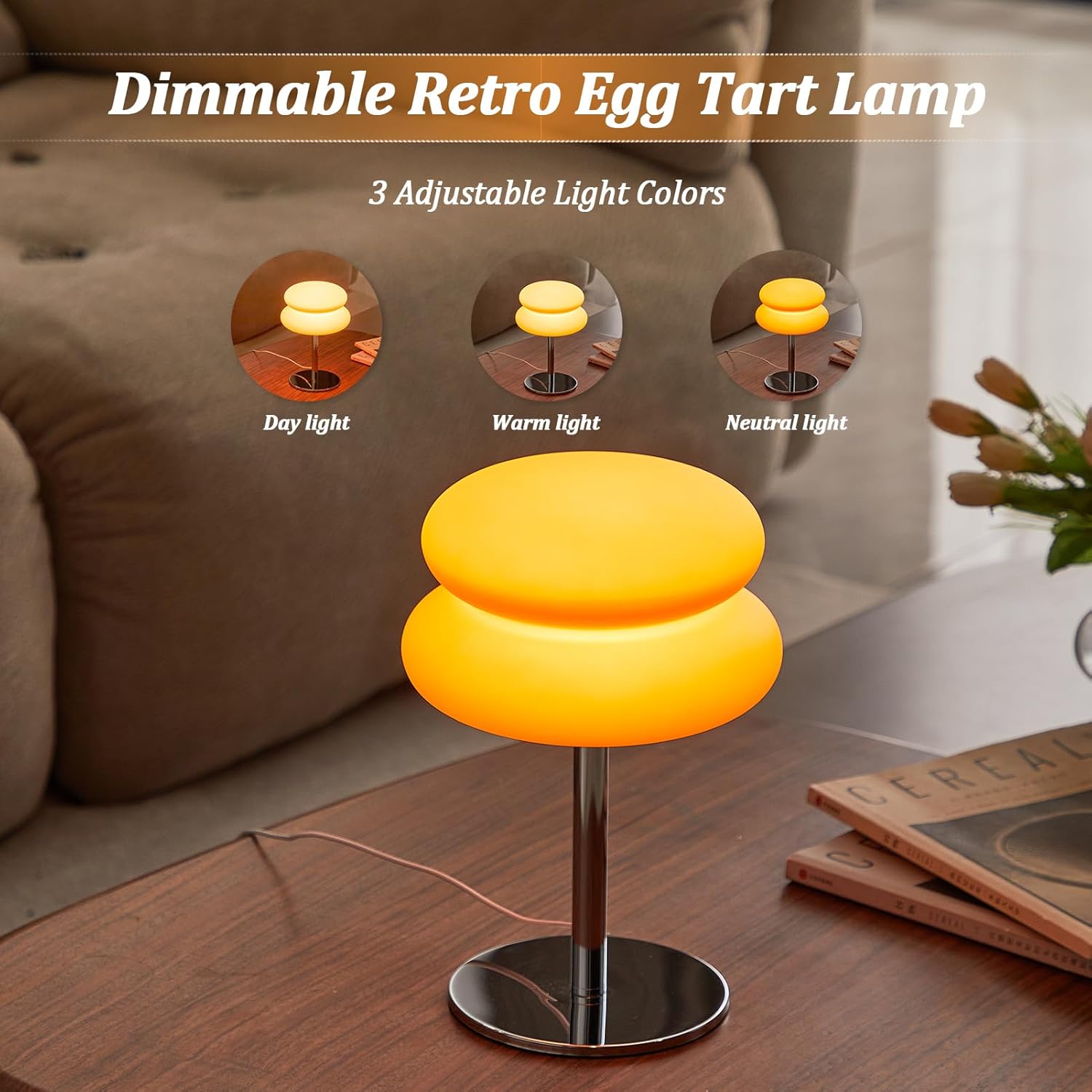 Skiennix Orange Mushroom Lamp - Dimmable Mid Century Modern Nightstand Light | Retro Egg Tart Design for Bedroom & Living Room Decor