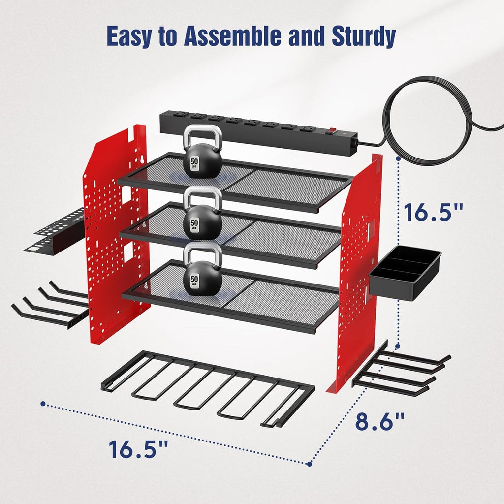 Power Tool Organizer by Heavy Duty - Wall Mount with Charging Station & Adjustable Shelves | Holds 4 Drills