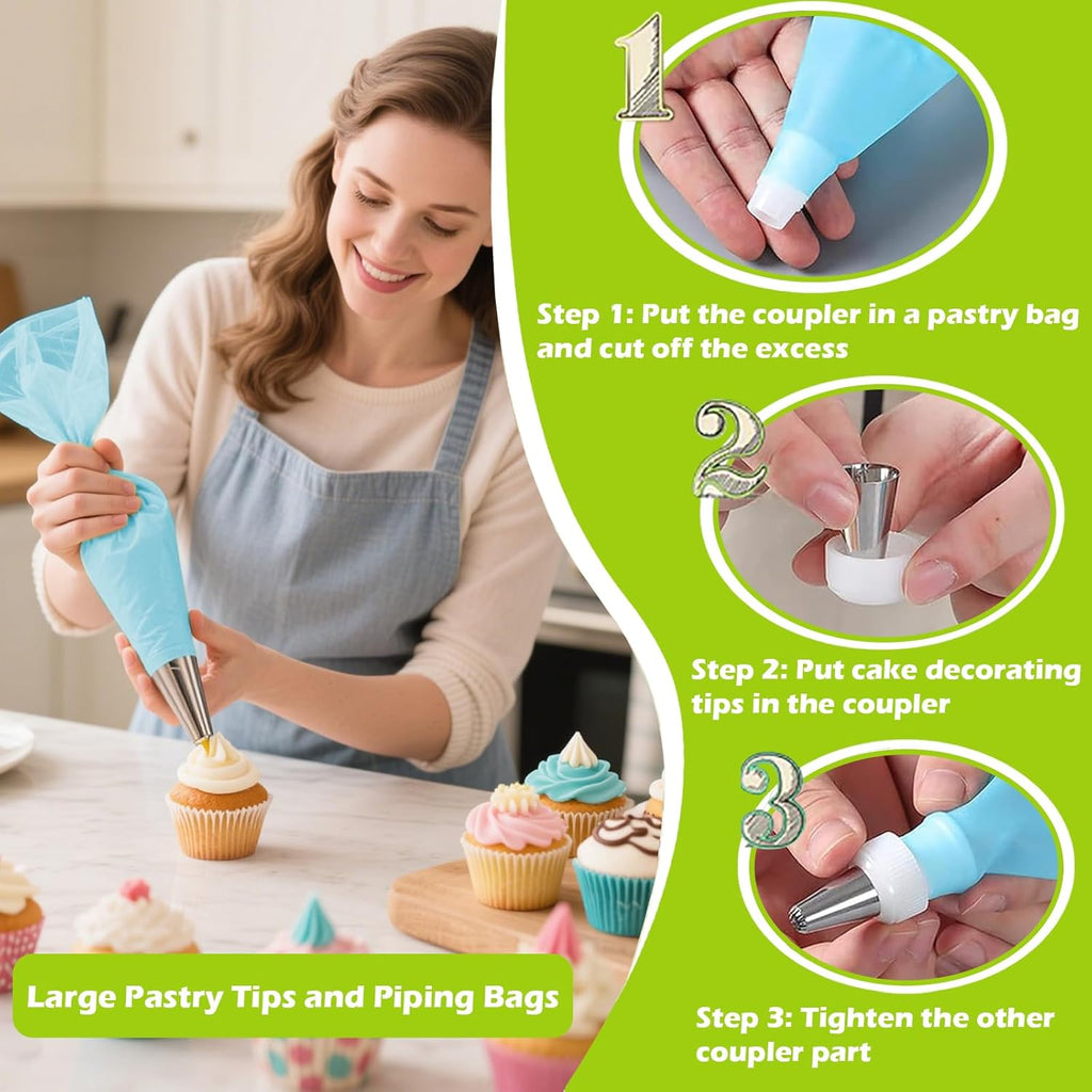 Suuker Large Piping Tips Set - Seamless Stainless Steel Cake Decorating Tips & Bags | Ideal for Cupcakes, Cakes, Cookies