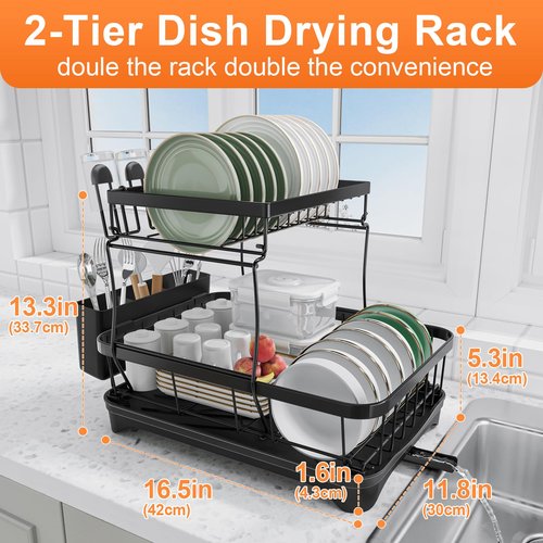 HOMEBOSILY Dish Drying Rack Two-Tier Drying Rack with Utensil Holder, Auto-Draining Dish Rack for Kitchen Counter, Large Capacity for Plates, Bowls, Cups, Dish Drainer with Drainboard, Black