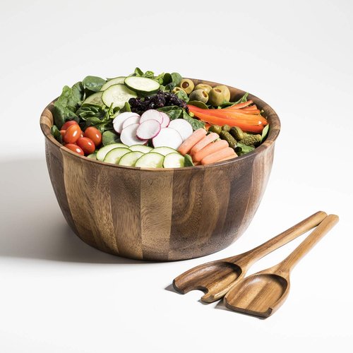 Kalmar Home 13-Inch Acacia Wood Extra Large Salad Bowl with Servers