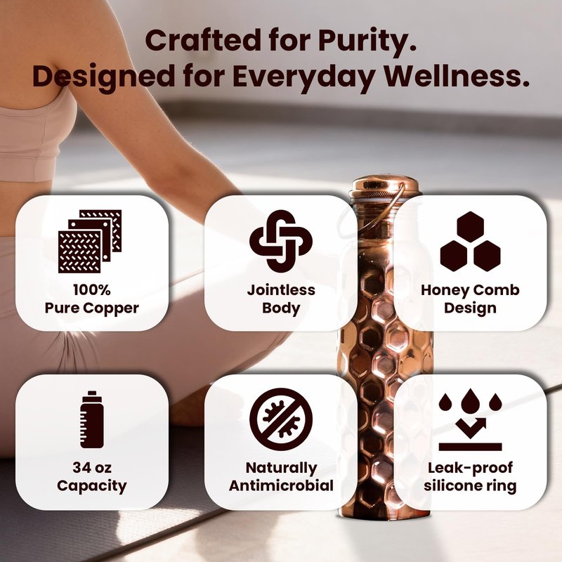 Craft Trade 100% Pure Copper Water Bottle 32 Oz, Ayurveda Copper Bottle for Drinking, Handcrafted Honeycomb Finish with Jute Carry Case, Boosts Immunity & Digestion, Leak-Proof, BPA-Free, 2 Pk