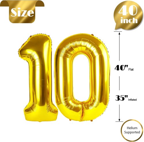 Gold Number 10 Balloon - 40 Inch 10th Birthday Decoration for Boys & Girls | Golden Party Supplies