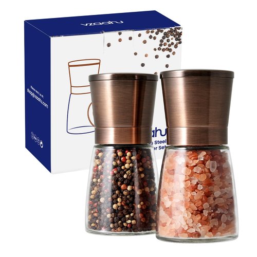 Vzaahu Salt and Pepper Copper Grinders, Set of 2 Refillable Bronze Brass, Seasalt Spice Peppermill with Magnetic Lids Adjustable Coarseness, Ceramic Core, Kitchen Gift