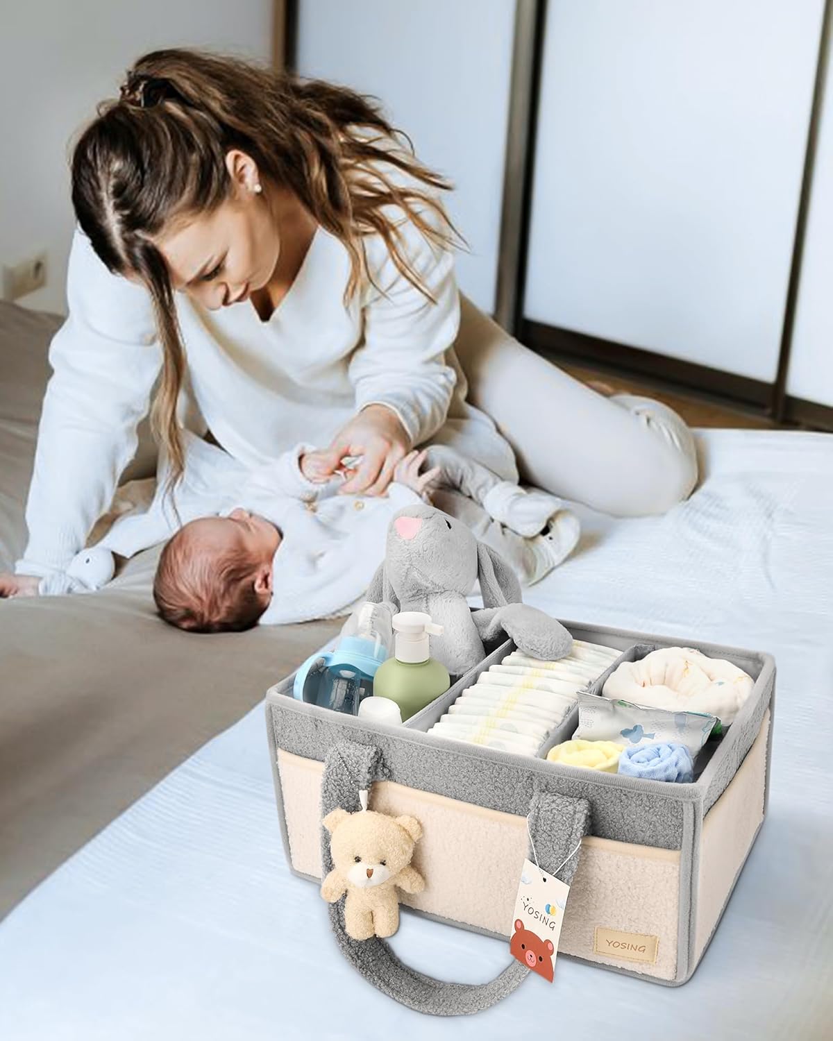 YOSING Diaper Caddy Organizer - Stylish Gray & White Nursery Storage for Baby Wipes & Diapers