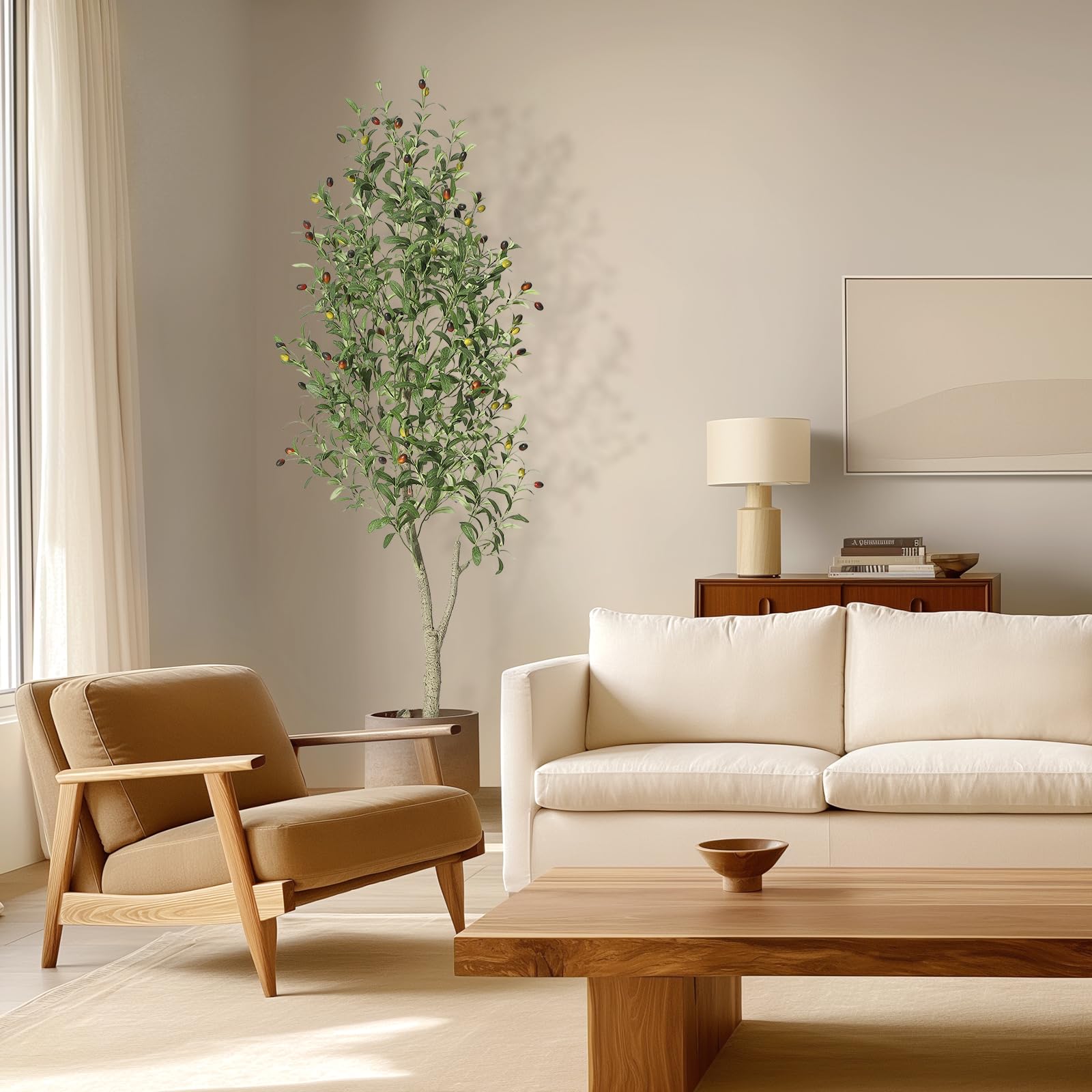 GarveeHome Faux Olive Tree 6 ft, Olive Trees Artificial Indoor with White Planter, Artificial Silk Plants with Green Leaves and Big Fruits for Home Office DéCor Living Room Bedroom Stairs Foyer,1 Pack