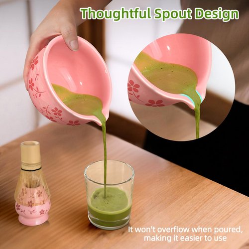Matcha Whisk Set Pink,Cute Ceramic Matcha Kit Includes Matcha Bowl,Bamboo Whisk and Holder, Scoop Rest,Sifter and Tea Towel,Mini Matcha Can,Gifts and Ceremony Set for Macha Lovers.(Pink)
