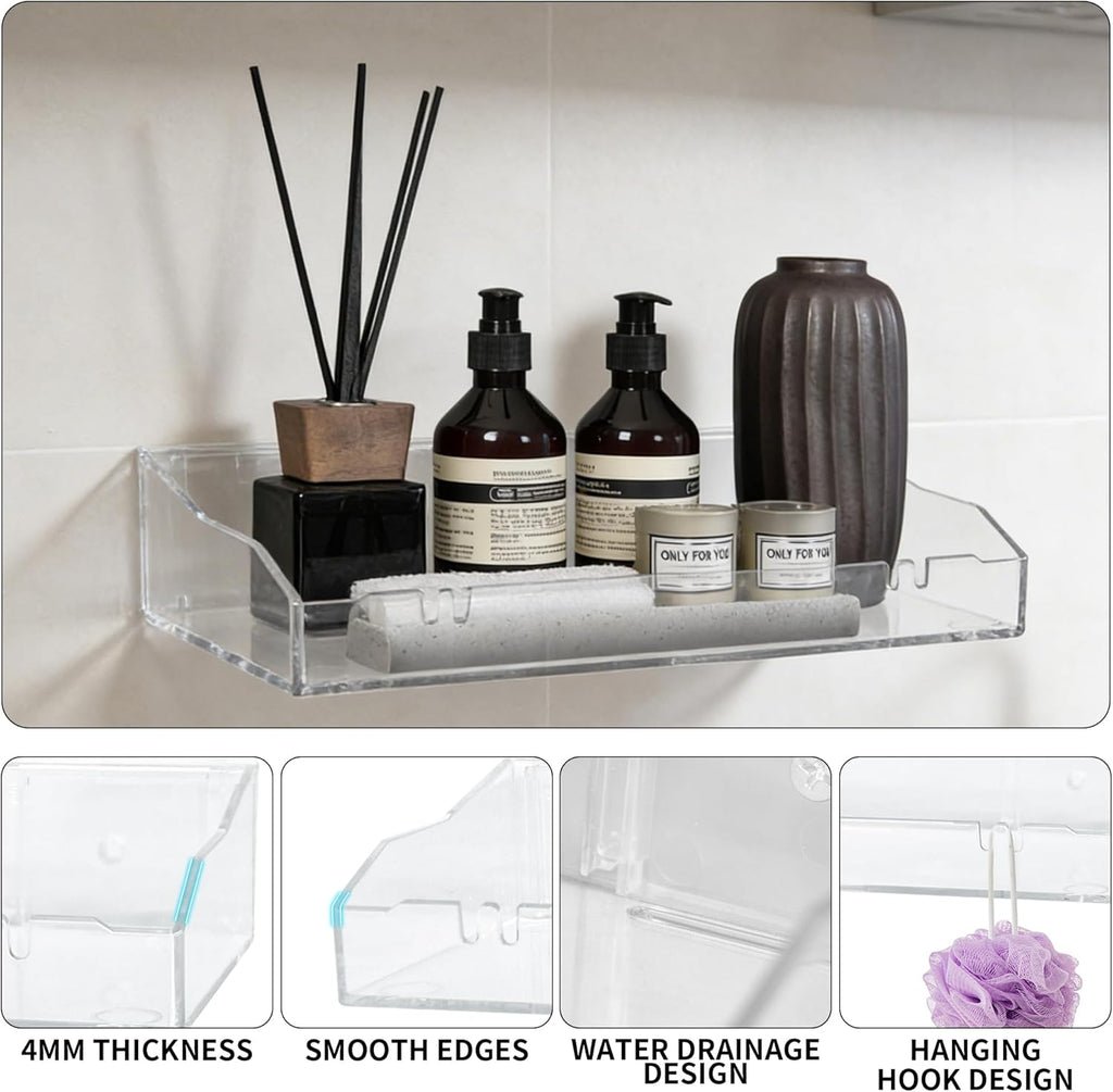 Skiennix Acrylic Floating Shelves - Clear Wall Storage Organizer for Bathroom, Bedroom & Kitchen | 2PCS