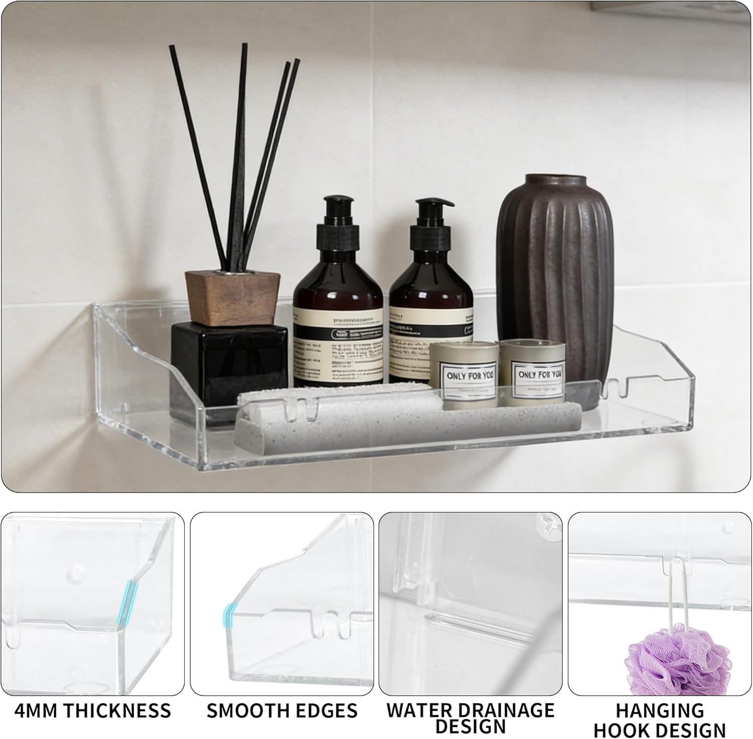 Skiennix Acrylic Floating Shelves - Clear Wall Storage Organizer for Bathroom, Bedroom & Kitchen | 2PCS