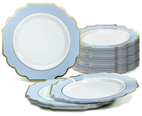 " OCCASIONS " 40 Plates Pack, Heavyweight Disposable Wedding Party Plastic Plates (10.5'' Dinner Plate, Imperial in White/Blue & Gold)