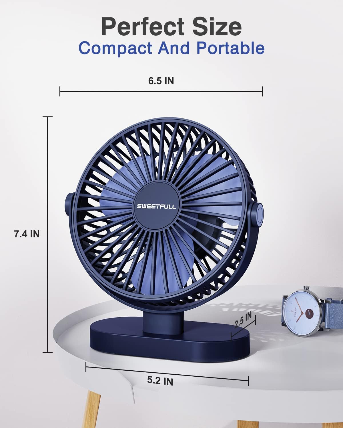 Sweetfull USB Desk Fan - Portable 3-Speed Mini Fan with 360° Adjustment | Quiet Operation, Blue