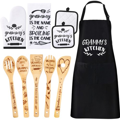 Leyndo 10 Pcs Christmas Grammy Kitchen Gifts Set Include Apron Tea Towel Tea Spoon Pot Holder Oven Mitt Bamboo Kitchen Cooking Spatula Baking
