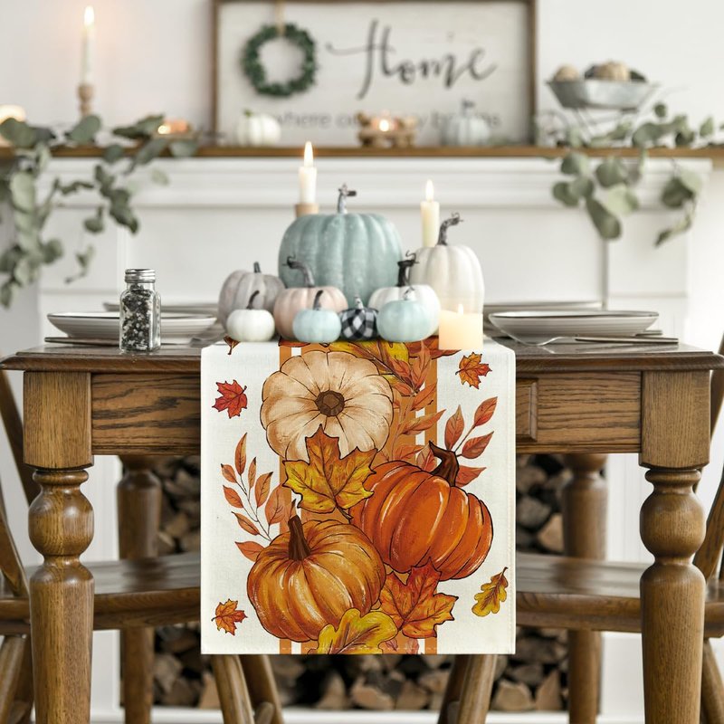 Artoid Mode Orange Pumpkin Maple Leaf Stripes Fall Table Runner, Seasonal Autumn Kitchen Dining Table Decoration for Home Party Decor 13x90 Inch
