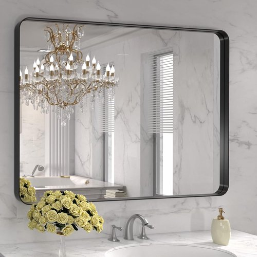 LOAAO Black Metal Framed Bathroom Mirror - 40x30 Inch Rounded Rectangle, Anti-Rust Tempered Glass, Versatile Hanging Options