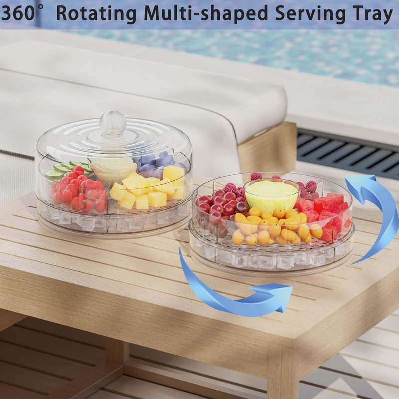 Spormmkuy 360°Rotatable Cake Stand with Dome Lid, 9in Cake Plates, Chilled Divided Veggie Fruit Serving Tray,Multi-Functional Snack Serving Platter with Cover,Lazy Susan Serving Tray