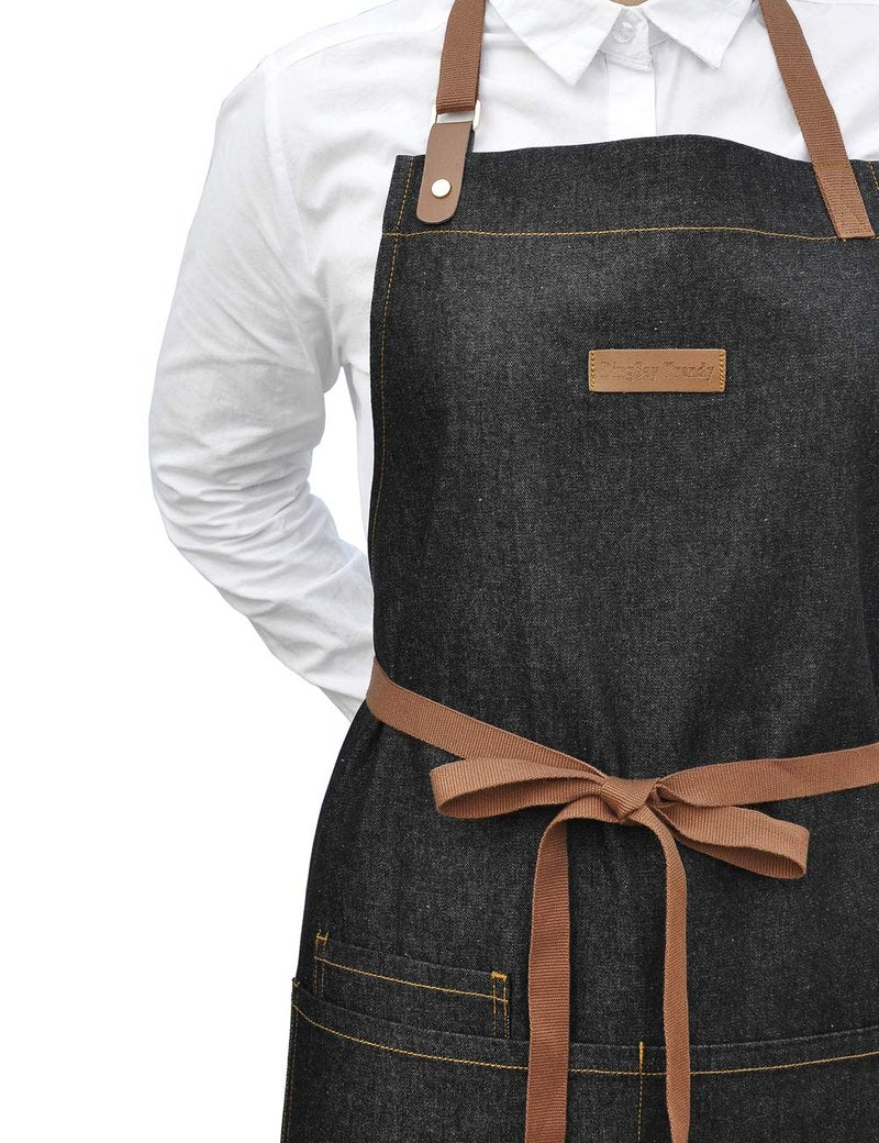 DingSay Trendy Server Denim Apron with 3 Pockets for Men Women, Professional Black Bib Aprons for Chef Cooking Kitchen Grilling BBQ, with Adjustable Neck Strap (Black Denim 7#)