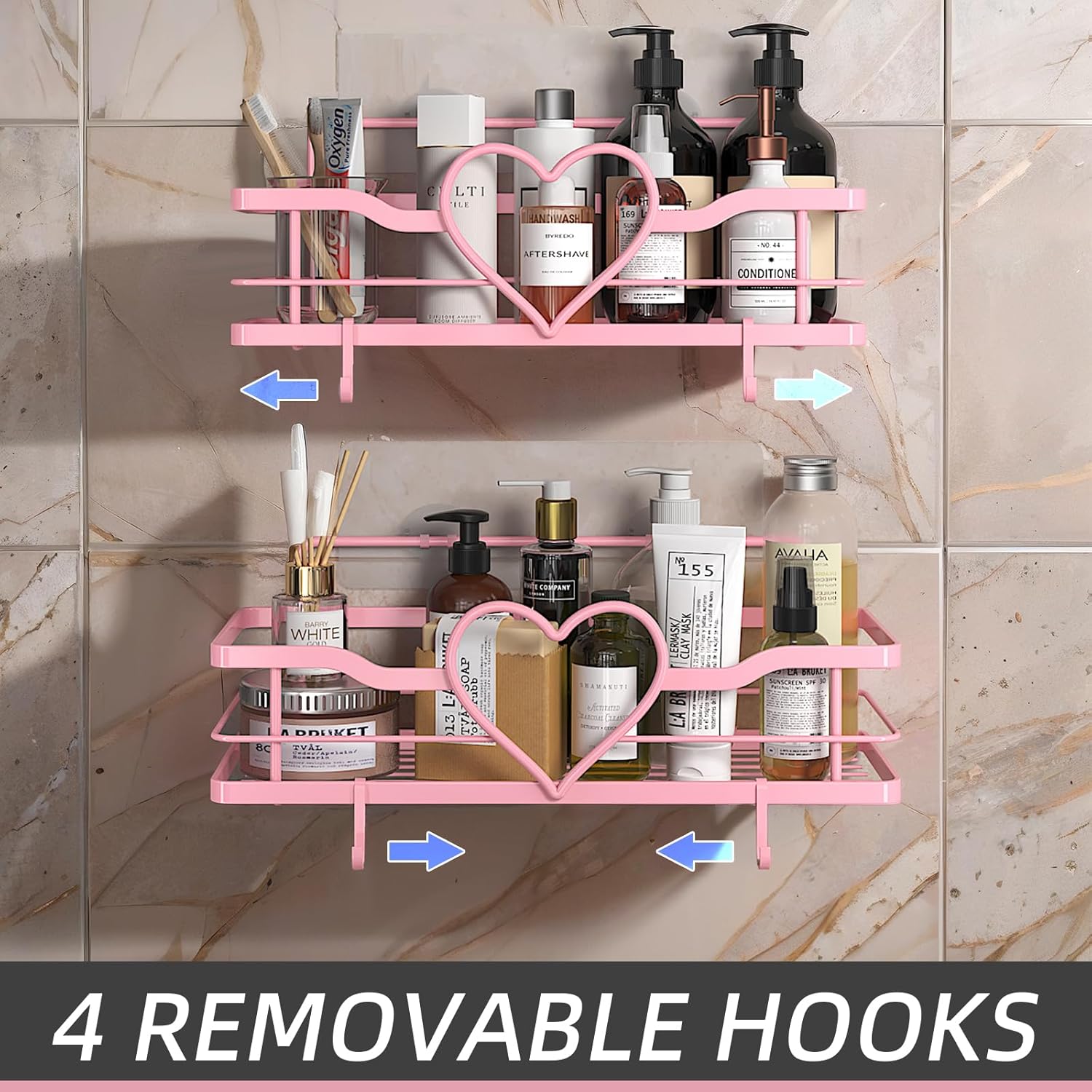 Skiennix Pink Shower Caddy - 4 Removable Hooks | No-Drill Adhesive Organizer for Bathroom & Kitchen